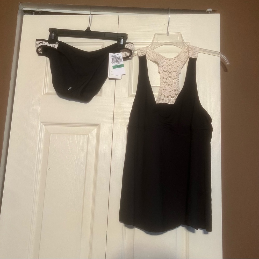 Lucky Brand Swimsuit Tankini 2 pc set Black Crochet Lace Size Large